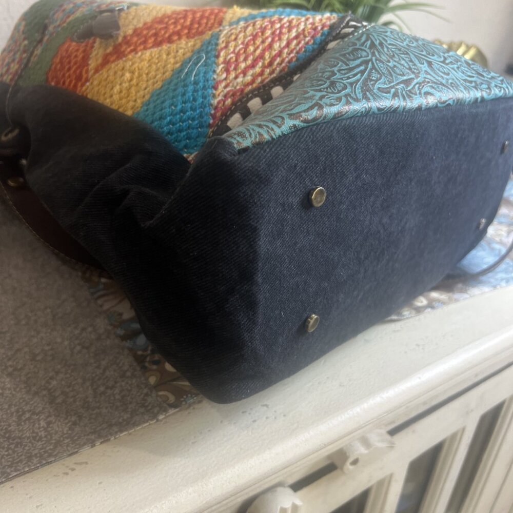 Myra Bag Handmade Bohemian Western Bucket Bag Upcycled Canvas & Cowhide Leather - Picture 5 of 16